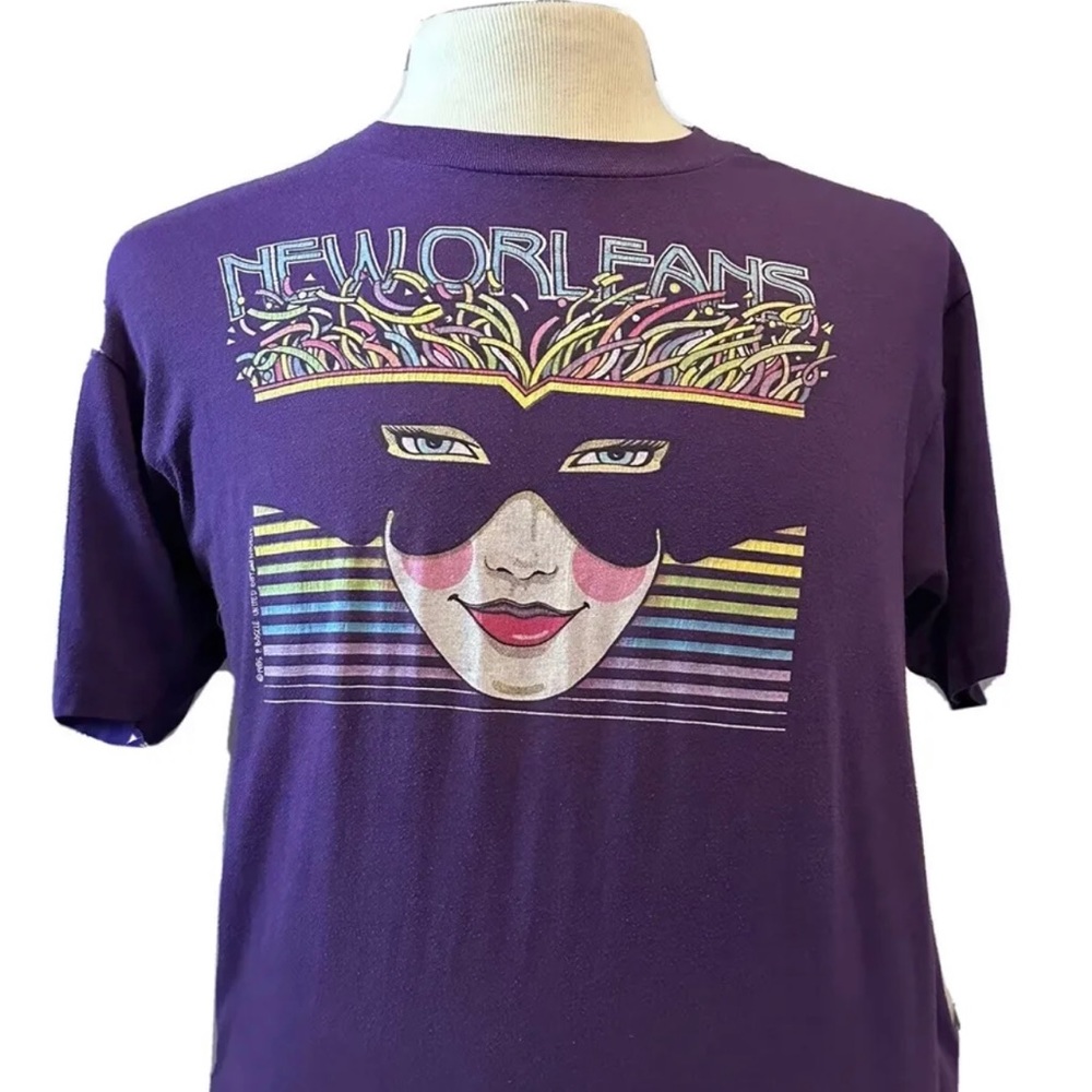 Vtg 1985 New Or leans Mardi Gras Harlequin Mask Purple T Shirt Hanes 50/50 XL